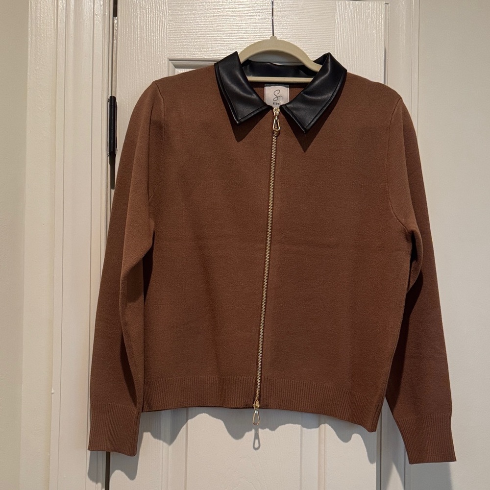 Sioni Brown Zip Front Sweater with Black Faux Leather Collar